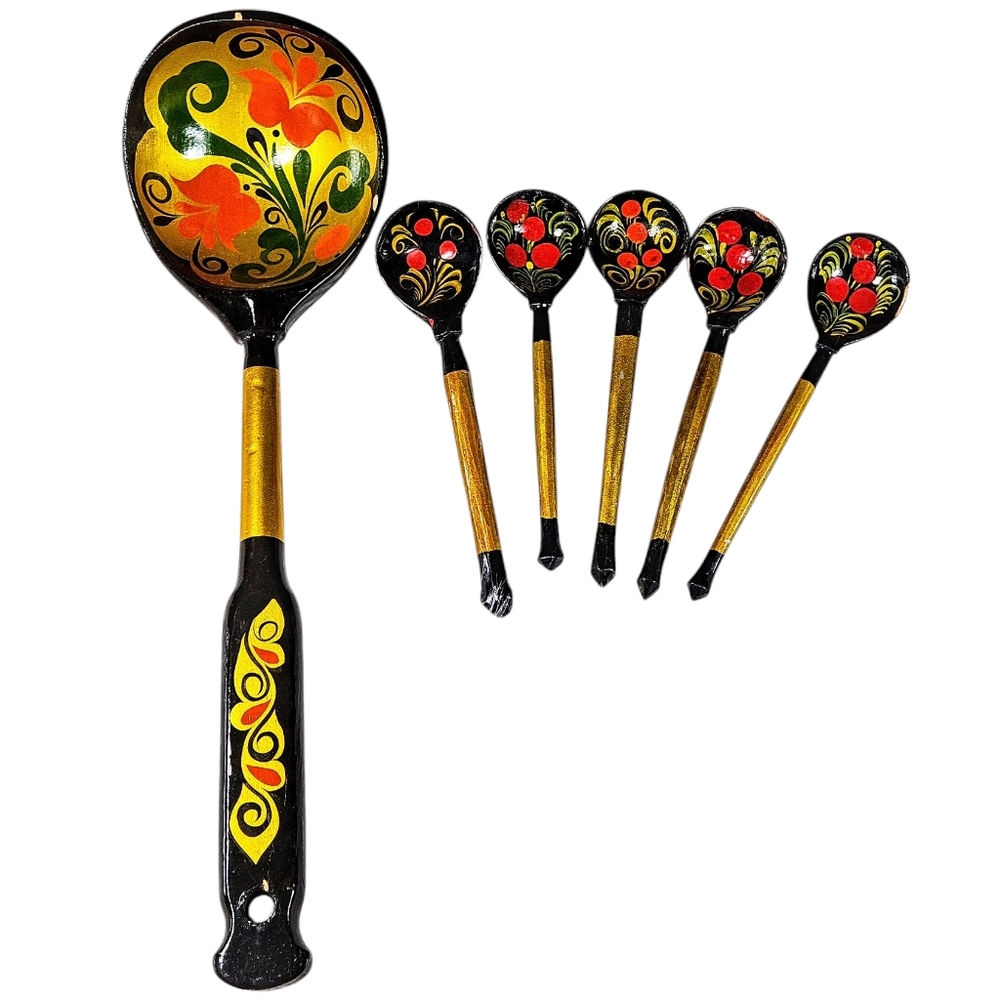 Russian Spoon Wooden Traditional Khokhloma Strawberry Artwork 5.5", 13” Set Of 6